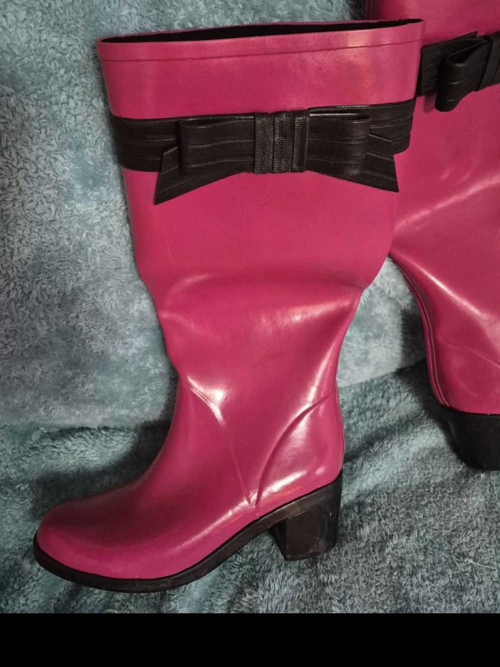 kate spade Hot Pink Heeled Rain Boots with Black Bow